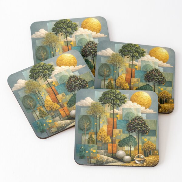 Item preview, Golden Sun and Geometric Forest – Modern Abstract Botanical Landscape Art Print designed and sold by Kaleidoscope Print.