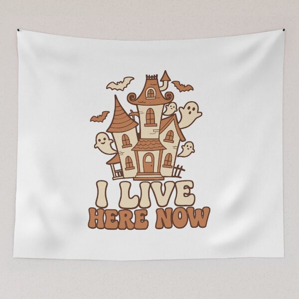 Item preview, I Live Here Now Funny Haunted House Cute Ghost Halloween Retro Spooky T shirt and Sticker Design designed and sold by Billium Halder.