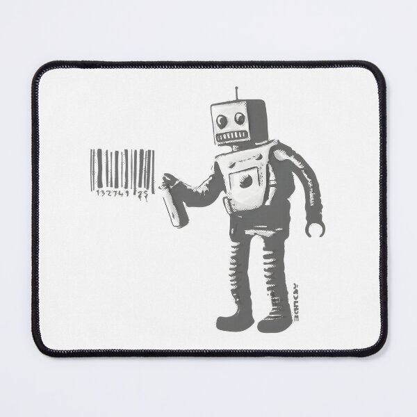 Item preview, Banksy Inspired Smiling Robot with Barcodes Black and White Artwork from New York City Residency designed and sold by richard143.