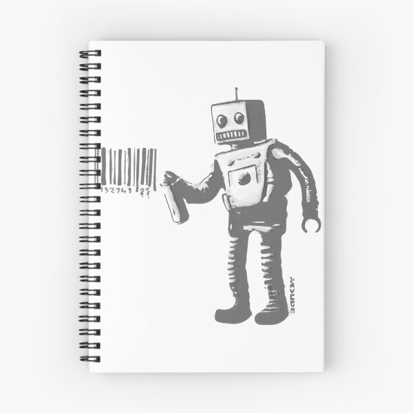 Item preview, Banksy Inspired Smiling Robot with Barcodes Black and White Artwork from New York City Residency designed and sold by richard143.