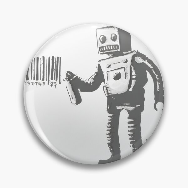 Item preview, Banksy Inspired Smiling Robot with Barcodes Black and White Artwork from New York City Residency designed and sold by richard143.