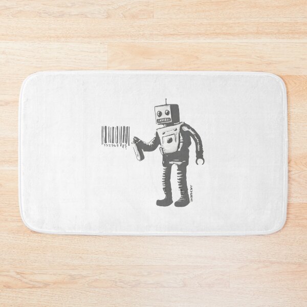 Item preview, Banksy Inspired Smiling Robot with Barcodes Black and White Artwork from New York City Residency designed and sold by richard143.