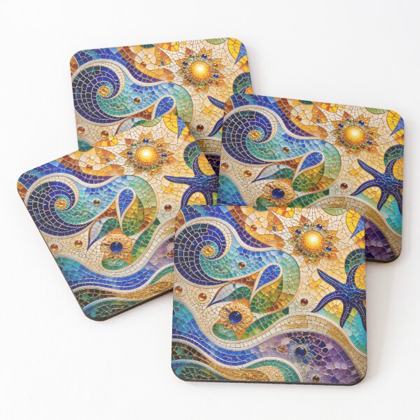 Item preview, Colorful Gaudi Inspired Nautical Mosaic Starfish Sun Waves Art Print designed and sold by GrinGalore.
