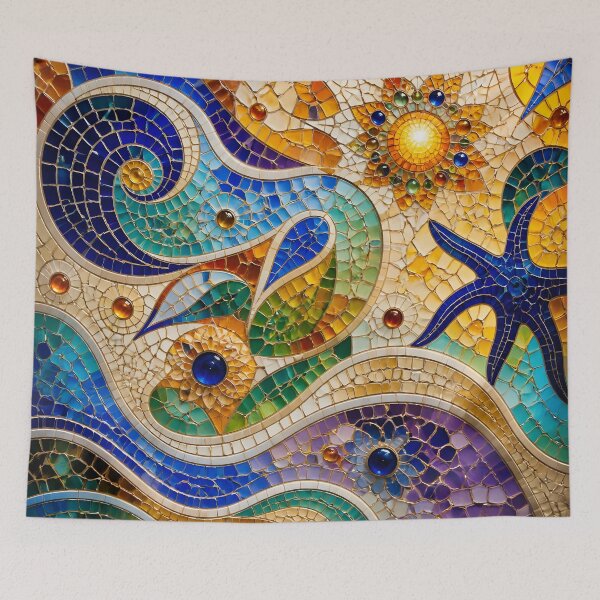 Item preview, Colorful Gaudi Inspired Nautical Mosaic Starfish Sun Waves Art Print designed and sold by GrinGalore.