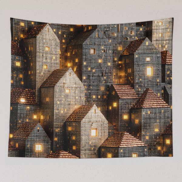 Item preview, Glowing Miniature City at Night – Abstract Geometric Urban Fantasy Art Print designed and sold by Kaleidoscope Print.
