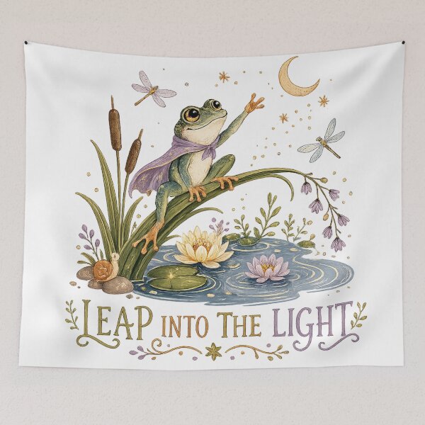 Item preview, Leap Into the Light Frog Crescent Moon Pond Cottagecore Art Design designed and sold by inkoutninja.