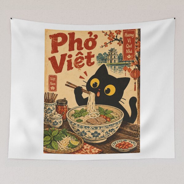 Item preview, Cat Eating Pho - Vietnamese Noodle Soup Retro Food designed and sold by PurrfectHome.