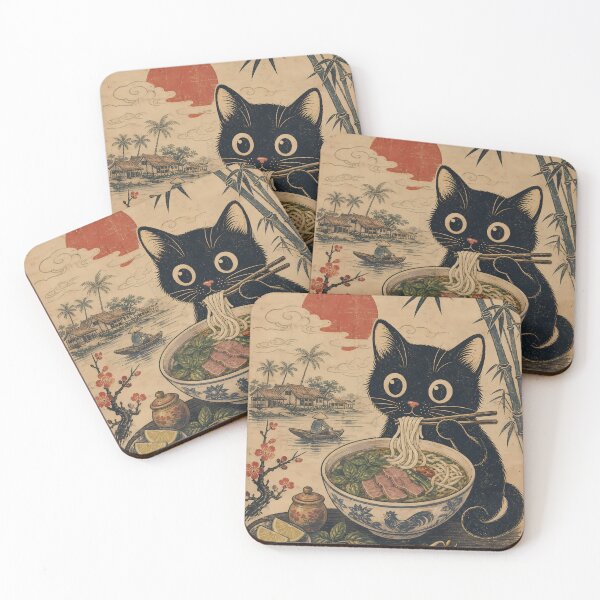 Item preview, Cat Eating Pho Noodles - Retro Asian Foodie Art designed and sold by PurrfectHome.