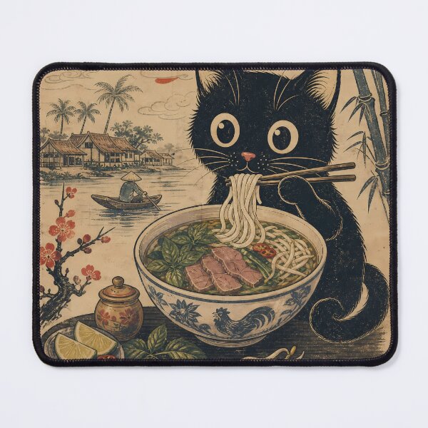 Item preview, Cat Eating Pho Noodles - Retro Asian Foodie Art designed and sold by PurrfectHome.