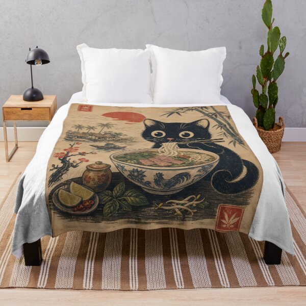 Item preview, Cat Eating Pho Noodles - Retro Asian Foodie Art designed and sold by PurrfectHome.