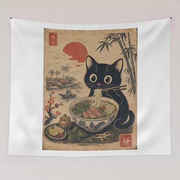 Item preview, Cat Eating Pho Noodles - Retro Asian Foodie Art designed and sold by PurrfectHome.