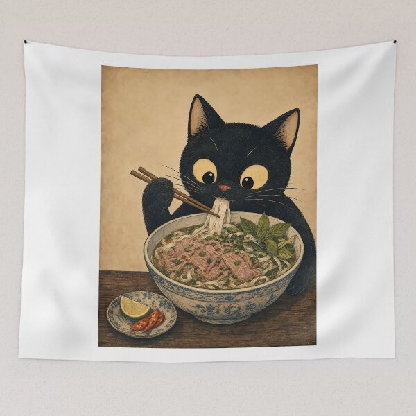 Item preview, Cute Black Cat Eating Pho Noodles designed and sold by PurrfectHome.