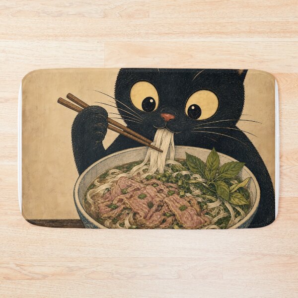 Item preview, Cute Black Cat Eating Pho Noodles designed and sold by PurrfectHome.