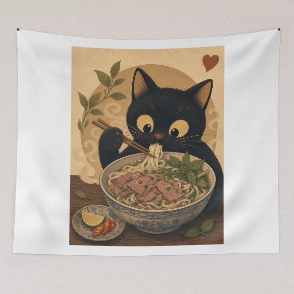 Item preview, Cute Black Cat Eating Pho - Kawaii Noodle Soup Lover designed and sold by PurrfectHome.
