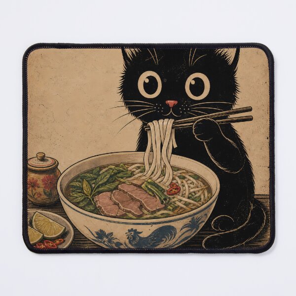 Item preview, Vintage Black Cat Eating Pho Noodles designed and sold by PurrfectHome.
