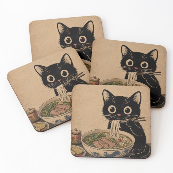 Item preview, Vintage Black Cat Eating Pho Noodles designed and sold by PurrfectHome.