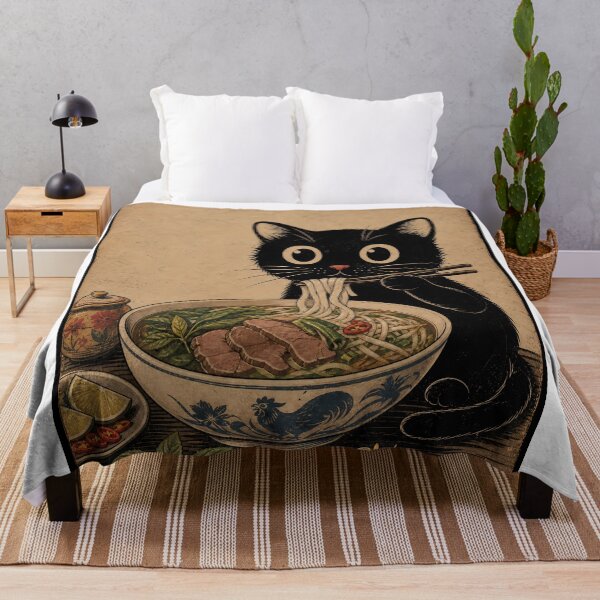 Item preview, Vintage Black Cat Eating Pho Noodles designed and sold by PurrfectHome.