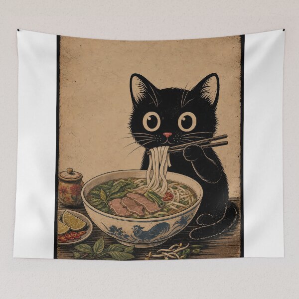 Item preview, Vintage Black Cat Eating Pho Noodles designed and sold by PurrfectHome.