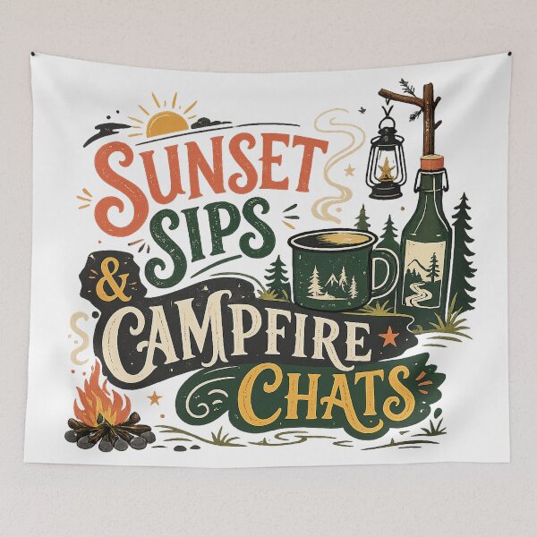 Item preview, Sunset Sips and Campfire Chats Camping Outdoor Adventure Art Design designed and sold by inkoutninja.