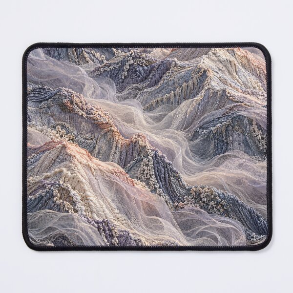 Item preview, Embroidered Mountain Landscape in Soft Pastels – Textile Fantasy Art Print designed and sold by Kaleidoscope Print.