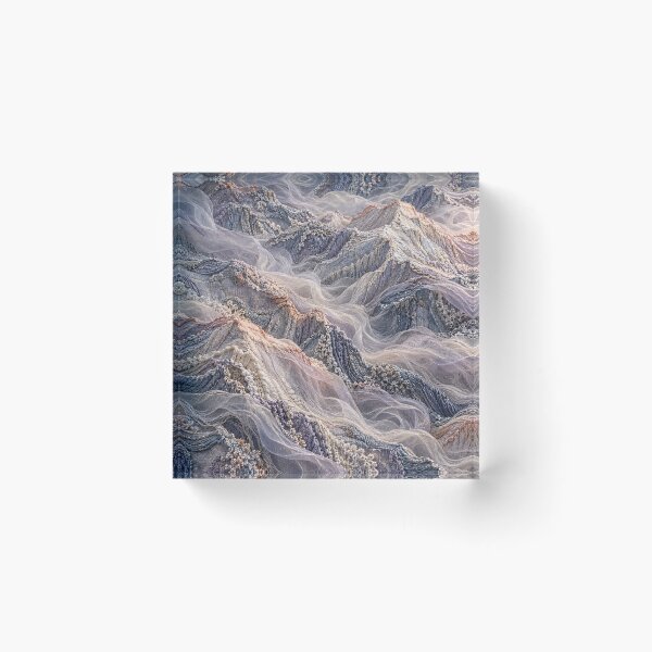 Item preview, Embroidered Mountain Landscape in Soft Pastels – Textile Fantasy Art Print designed and sold by Kaleidoscope Print.