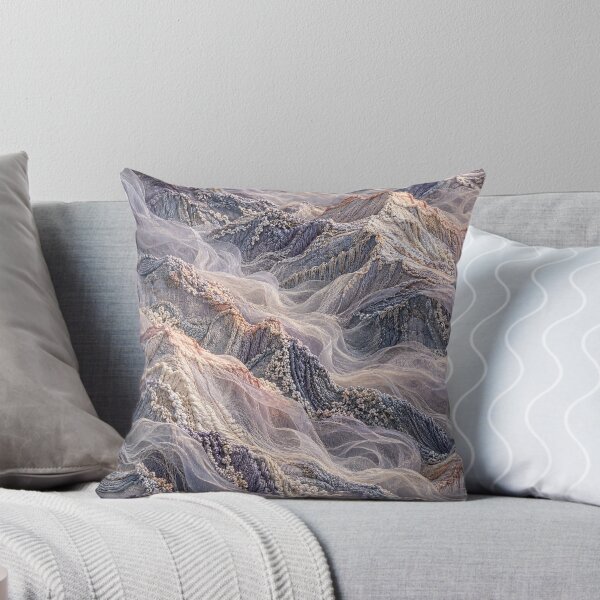 Item preview, Embroidered Mountain Landscape in Soft Pastels – Textile Fantasy Art Print designed and sold by Kaleidoscope Print.