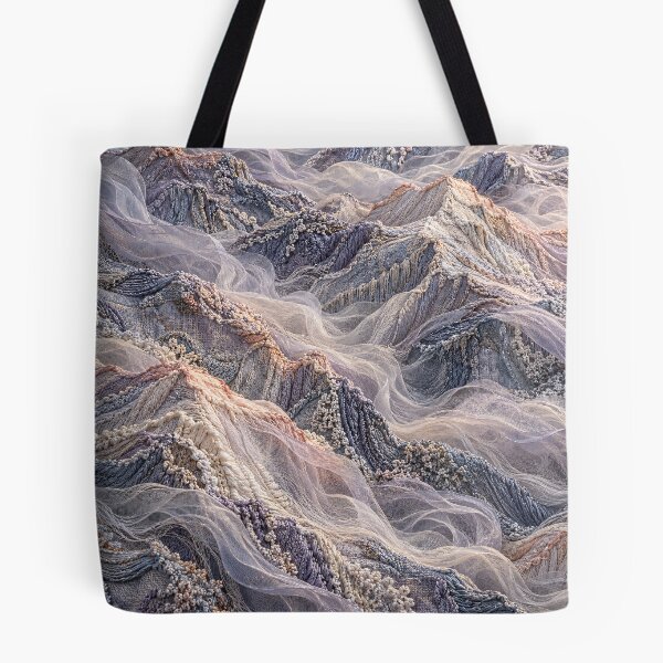 Item preview, Embroidered Mountain Landscape in Soft Pastels – Textile Fantasy Art Print designed and sold by Kaleidoscope Print.