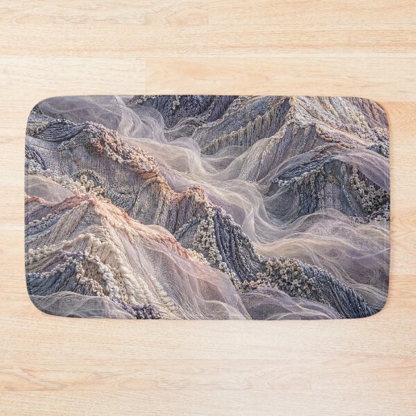 Item preview, Embroidered Mountain Landscape in Soft Pastels – Textile Fantasy Art Print designed and sold by Kaleidoscope Print.