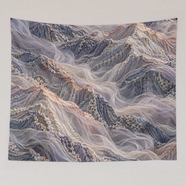 Item preview, Embroidered Mountain Landscape in Soft Pastels – Textile Fantasy Art Print designed and sold by Kaleidoscope Print.