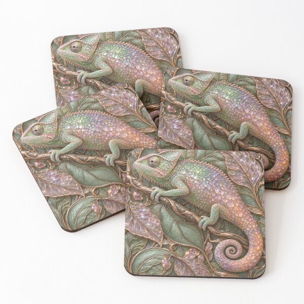 Item preview, Pastel Jeweled Chameleon on Rose Gold Leaves – Luxury Botanical Fantasy Art Print designed and sold by Kaleidoscope Print.