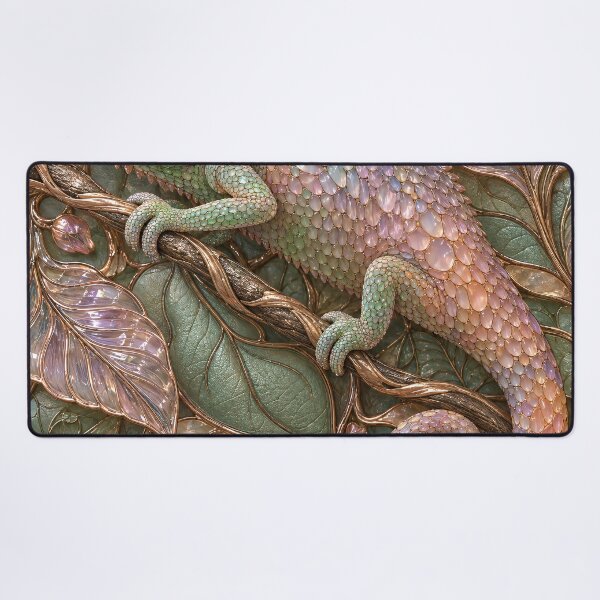 Item preview, Pastel Jeweled Chameleon on Rose Gold Leaves – Luxury Botanical Fantasy Art Print designed and sold by Kaleidoscope Print.