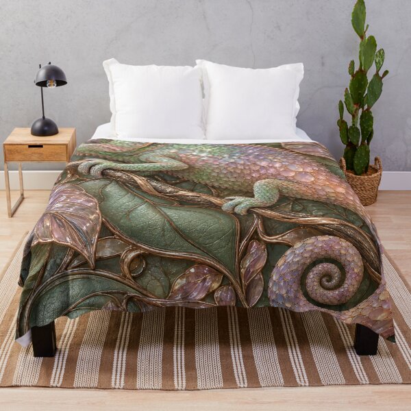 Item preview, Pastel Jeweled Chameleon on Rose Gold Leaves – Luxury Botanical Fantasy Art Print designed and sold by Kaleidoscope Print.