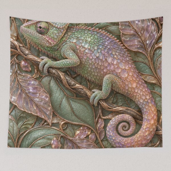 Item preview, Pastel Jeweled Chameleon on Rose Gold Leaves – Luxury Botanical Fantasy Art Print designed and sold by Kaleidoscope Print.