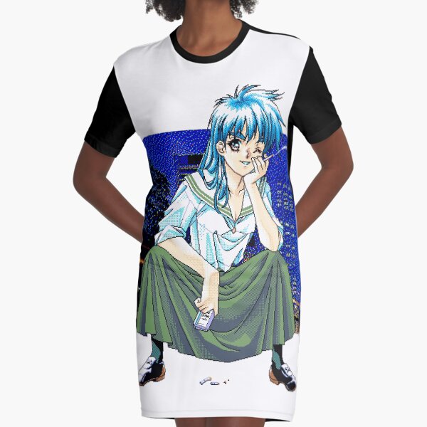 Pixel Anime Smoking Girl Graphic T-Shirt Dress