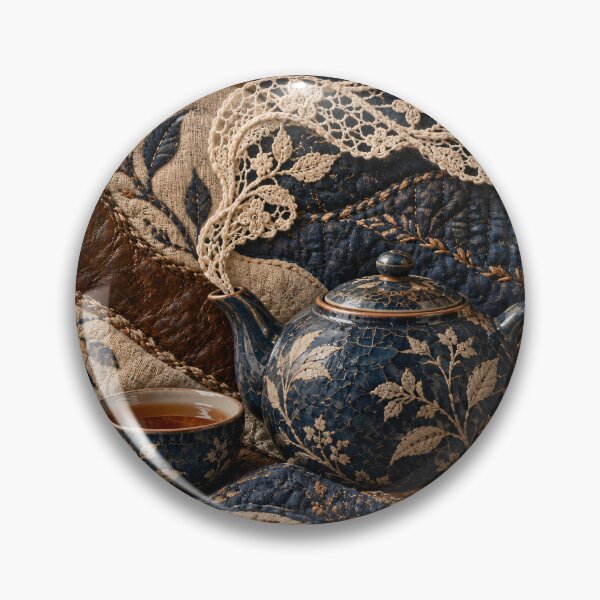 Item preview, Vintage Tea Set with Embroidered Lace – Cozy Navy and Copper Textile Art Print designed and sold by Kaleidoscope Print.
