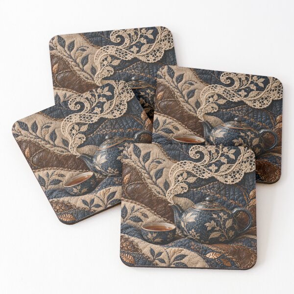Item preview, Vintage Tea Set with Embroidered Lace – Cozy Navy and Copper Textile Art Print designed and sold by Kaleidoscope Print.