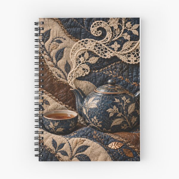 Item preview, Vintage Tea Set with Embroidered Lace – Cozy Navy and Copper Textile Art Print designed and sold by Kaleidoscope Print.
