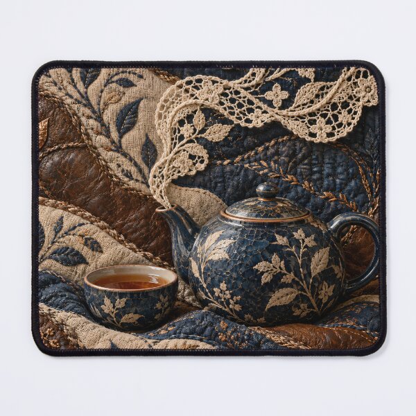 Item preview, Vintage Tea Set with Embroidered Lace – Cozy Navy and Copper Textile Art Print designed and sold by Kaleidoscope Print.