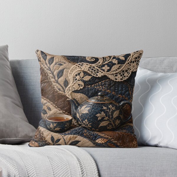 Item preview, Vintage Tea Set with Embroidered Lace – Cozy Navy and Copper Textile Art Print designed and sold by Kaleidoscope Print.