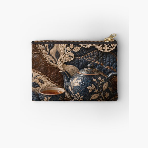 Item preview, Vintage Tea Set with Embroidered Lace – Cozy Navy and Copper Textile Art Print designed and sold by Kaleidoscope Print.