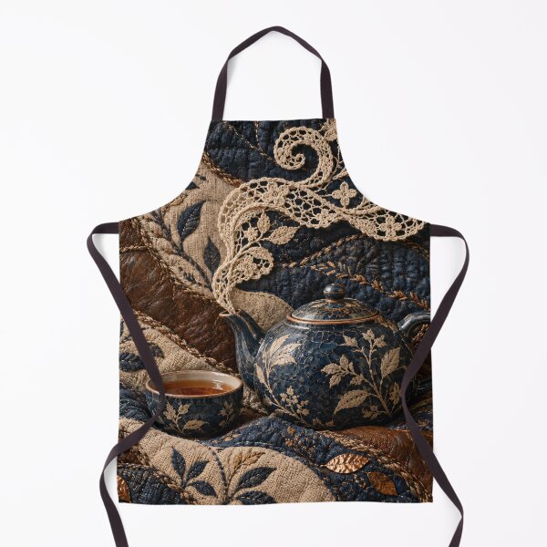 Item preview, Vintage Tea Set with Embroidered Lace – Cozy Navy and Copper Textile Art Print designed and sold by Kaleidoscope Print.