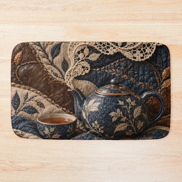 Item preview, Vintage Tea Set with Embroidered Lace – Cozy Navy and Copper Textile Art Print designed and sold by Kaleidoscope Print.