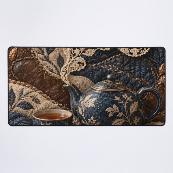 Item preview, Vintage Tea Set with Embroidered Lace – Cozy Navy and Copper Textile Art Print designed and sold by Kaleidoscope Print.