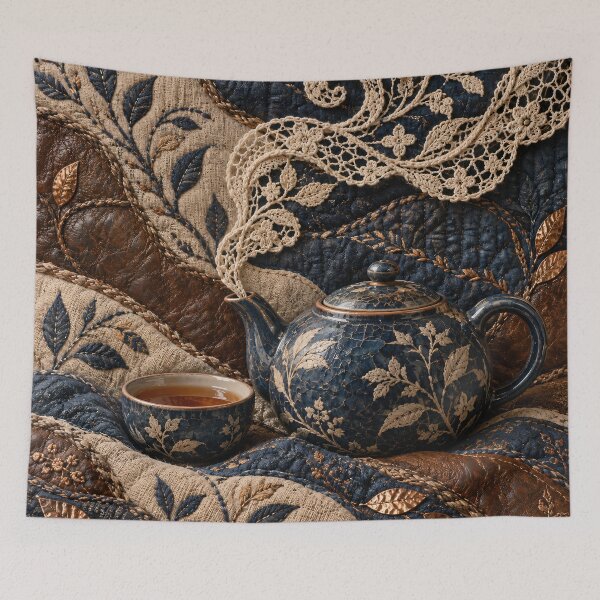 Item preview, Vintage Tea Set with Embroidered Lace – Cozy Navy and Copper Textile Art Print designed and sold by Kaleidoscope Print.