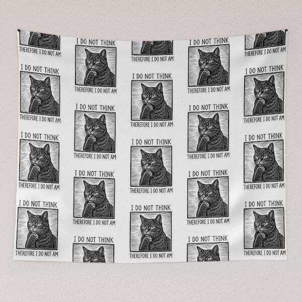 Item preview, I Do Not Think Therefore I Do Not Am Funny Philosophy Cat Descartes Woodcut Quote    designed and sold by raedattia.