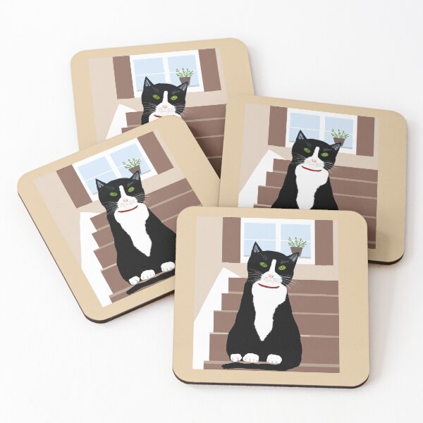 Item preview, Tuxedo cat sat on stairs designed and sold by Elaine M Hayward .
