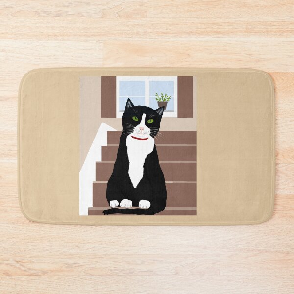 Item preview, Tuxedo cat sat on stairs designed and sold by Elaine M Hayward .