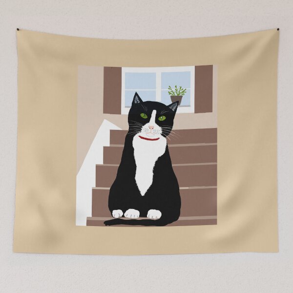 Item preview, Tuxedo cat sat on stairs designed and sold by Elaine M Hayward .