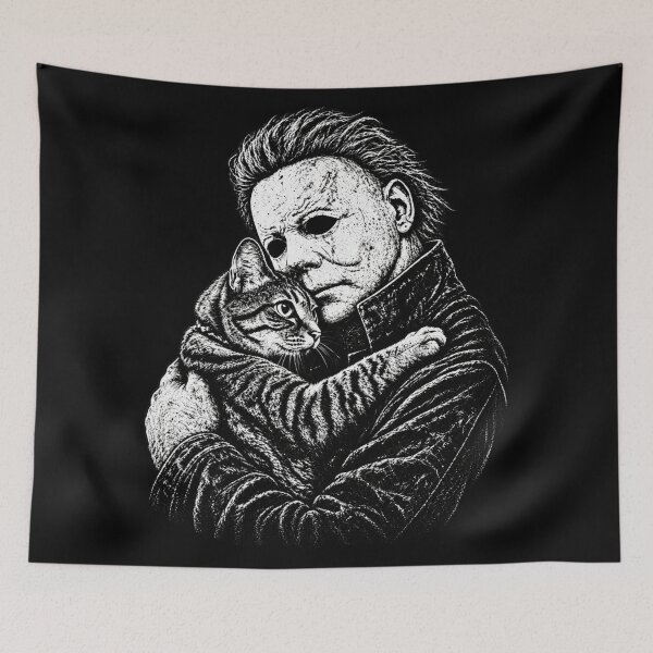 Item preview, Michael Myers Hugging Cat Funny Horror Halloween Art designed and sold by ElizBurkes.