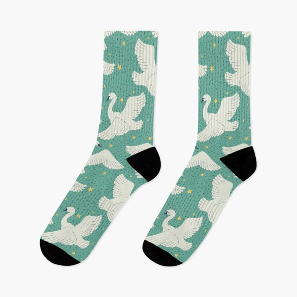 Item preview,  flying white swans and yellow stars on green background  designed and sold by burbura.